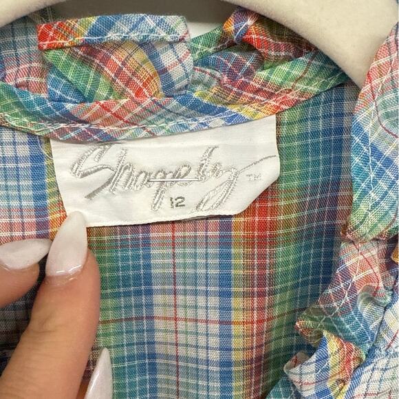 Vintage Shapely 80s Plaid Rainbow Ruffle 12 Blouse Farmer Garden Prairie Modest - Picture 4 of 7